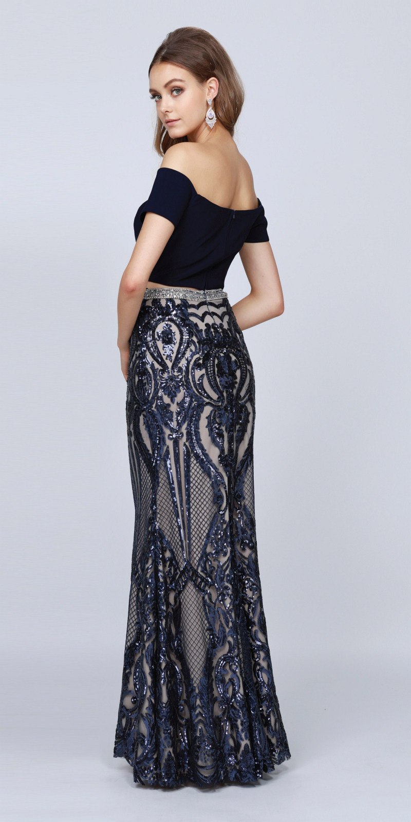 Juliet 663 Off-Shoulder Crop Top Two-Piece Long Dress