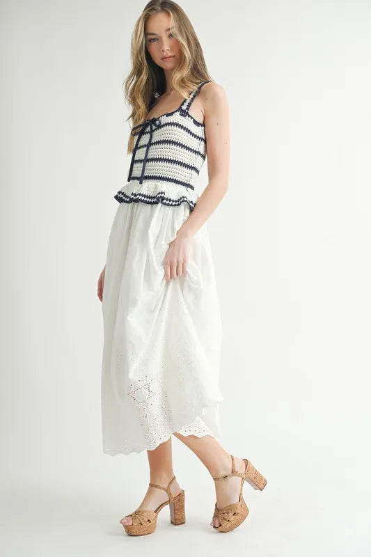 Crochet Stripe Knit Eyelet Mix Midi Dress – Crochet Midi Dress, Stripe Knit Dress, Eyelet Mix Dress, Trendy Midi Dress, Versatile Midi Dress