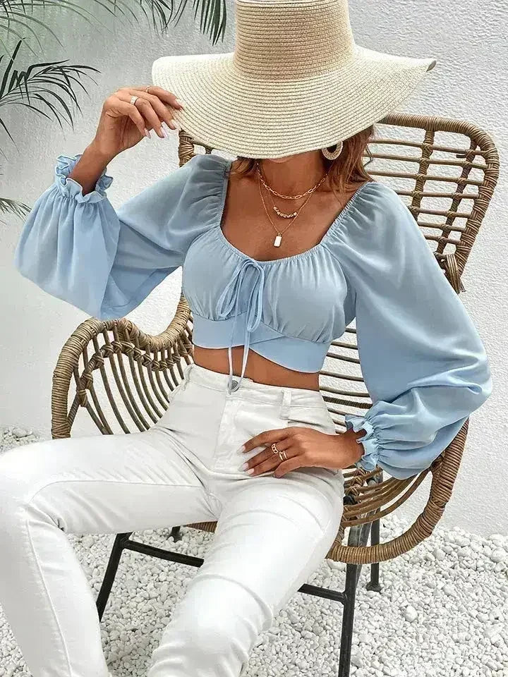 Light Blue Honey Raglan Sleeve Cropped Blouse | Femstylo