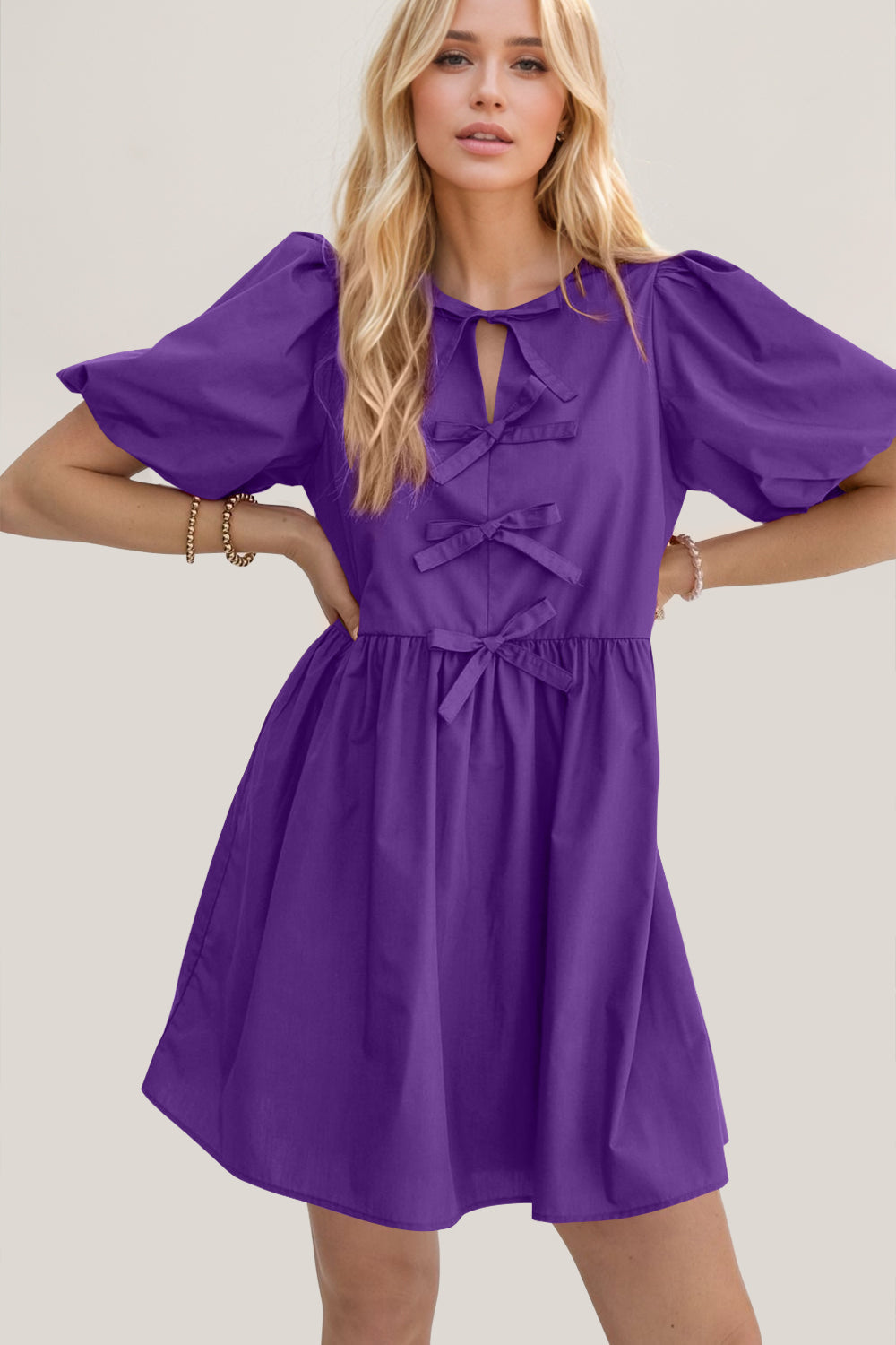 Elegant Ruched Puff Sleeve Mini Dress Vintage Bow Detail Cute Short Dress for Women