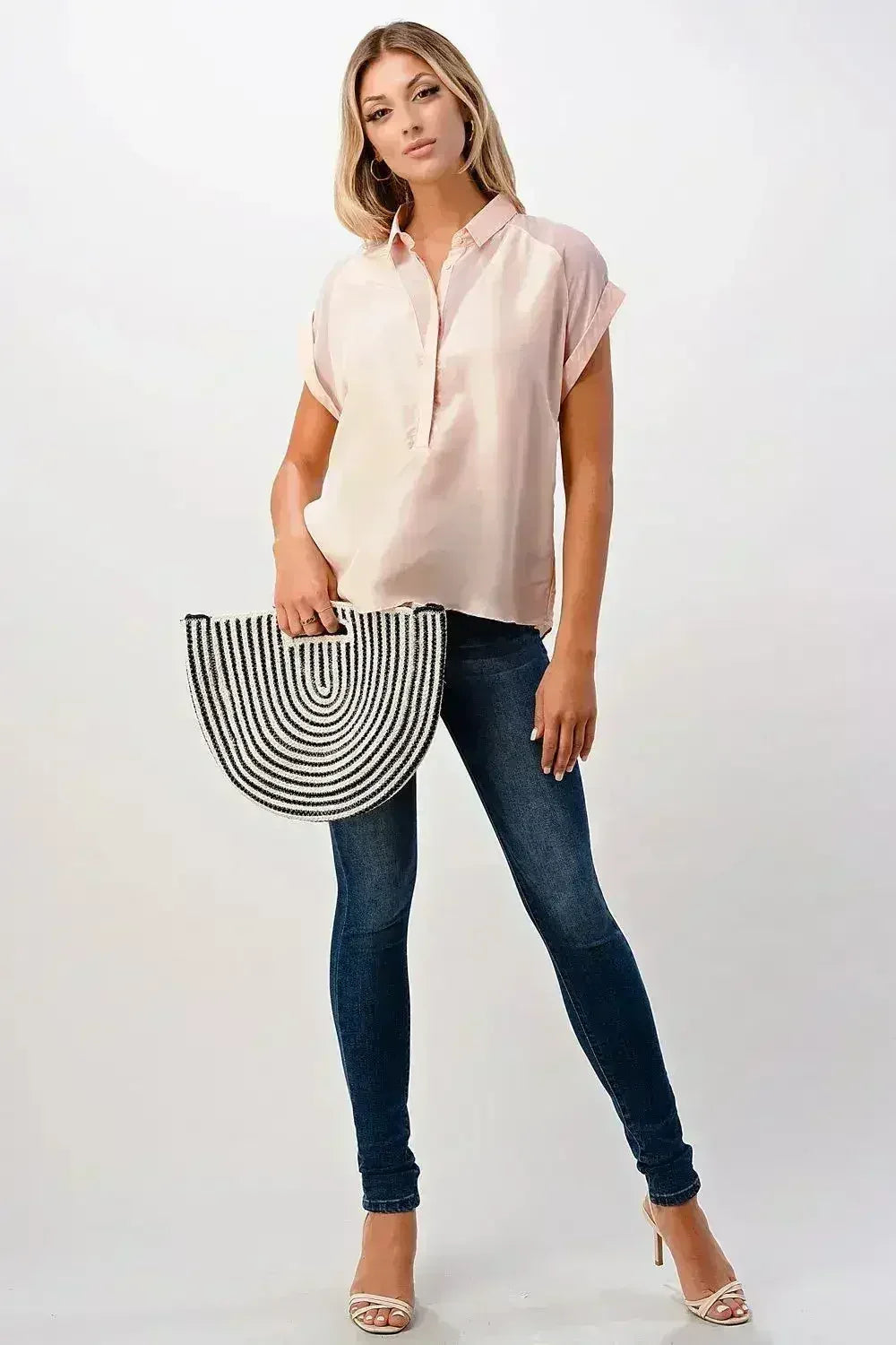 Rolled Sleeve Satin Blouse – Silk V-Neck Button-Up Tope | Femstylo
