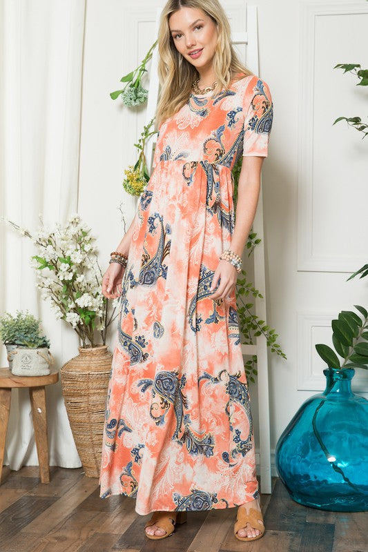 Celeste Paisley Print Short Sleeve Maxi Dress with Pockets Effortlessly Stylish, Fluttering, Comfortable, and Versatile with Pockets for Added Convenience