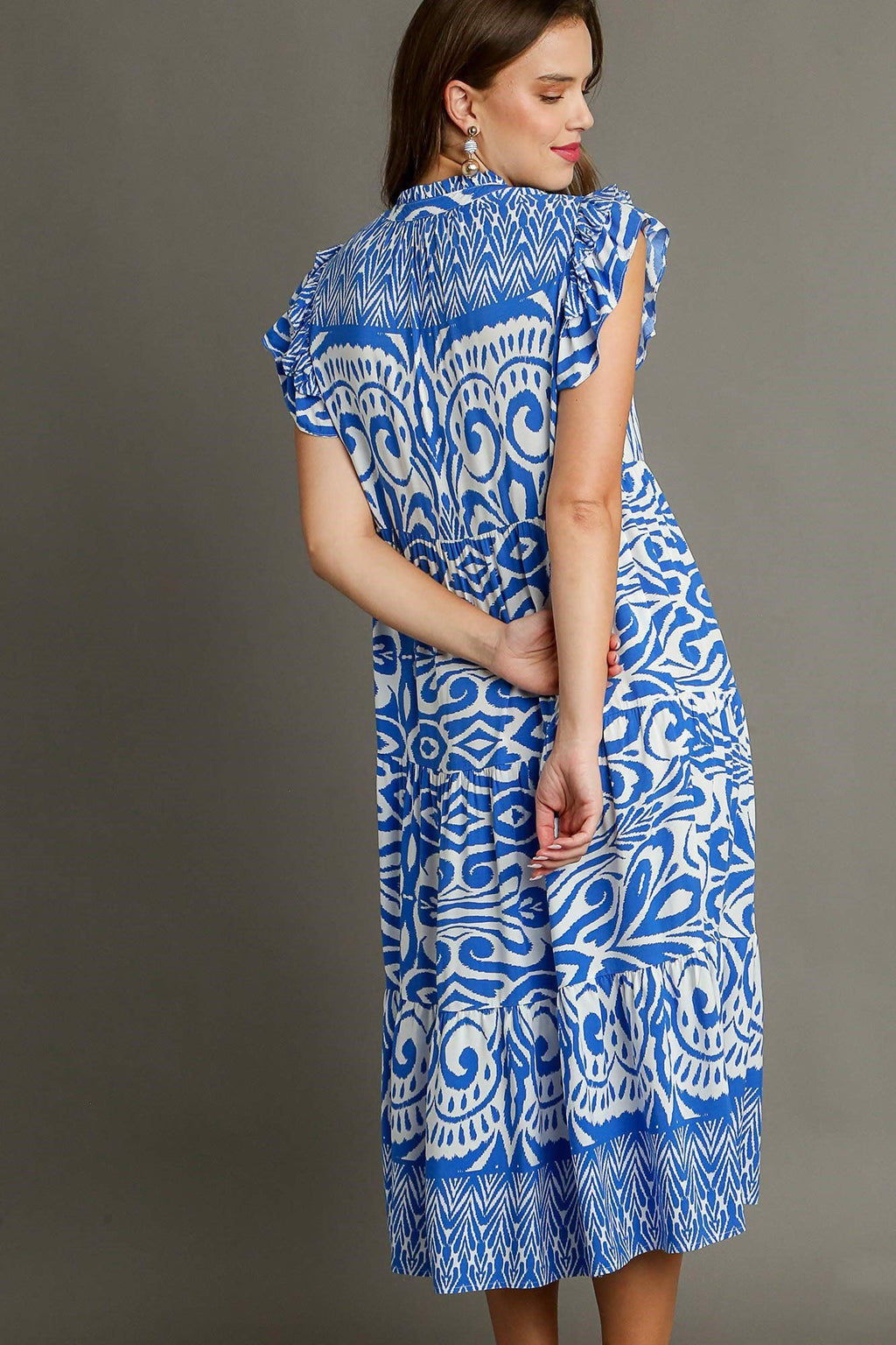 Blue Full Size Two-Tone Print Ruffle Cap Sleeve Midi Dress Plus Size Statement Piece Dress