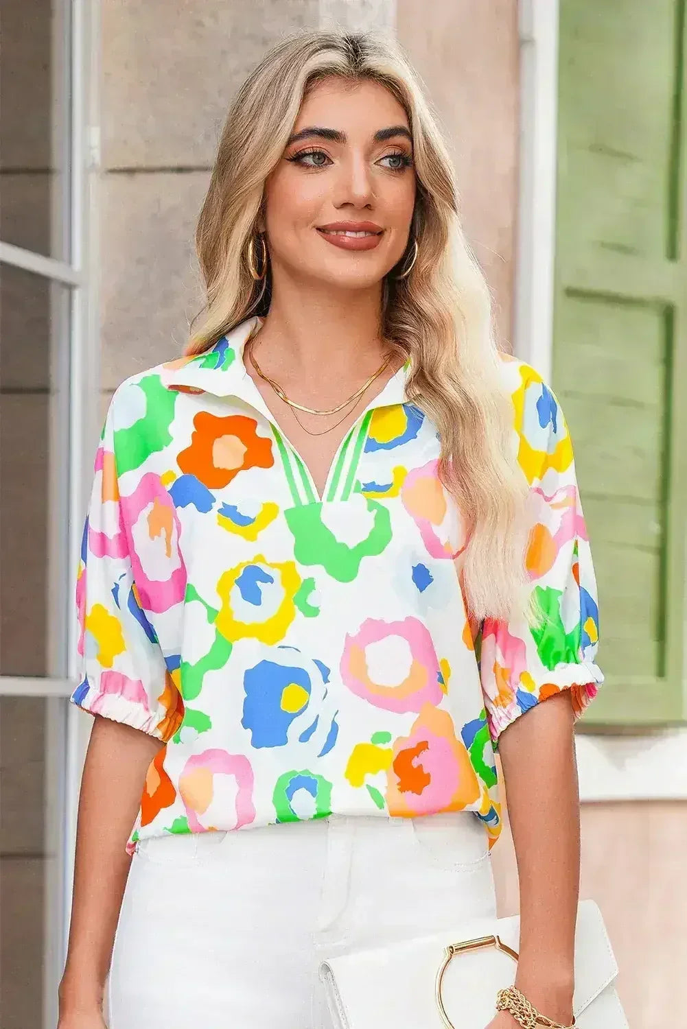 Green Abstract Leopard Short Sleeve Pop of Color Blouse | Femstylo
