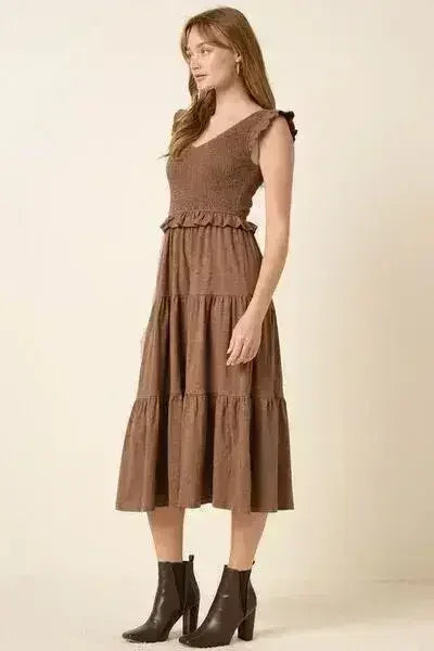 Smocked Ruffled Midi Dress - Romantic Tiered Cotton Dress | Femstylo