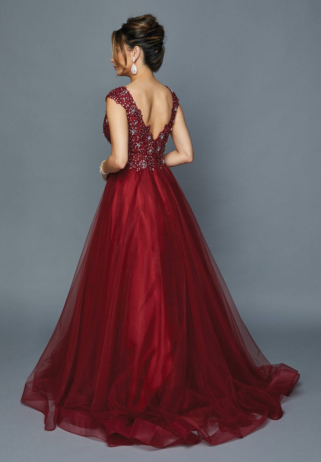 Juliet 684 Cap Sleeved Long Formal Dress with Appliques