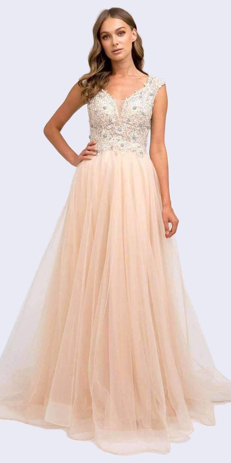 Juliet 684 Cap Sleeved Long Formal Dress with Appliques