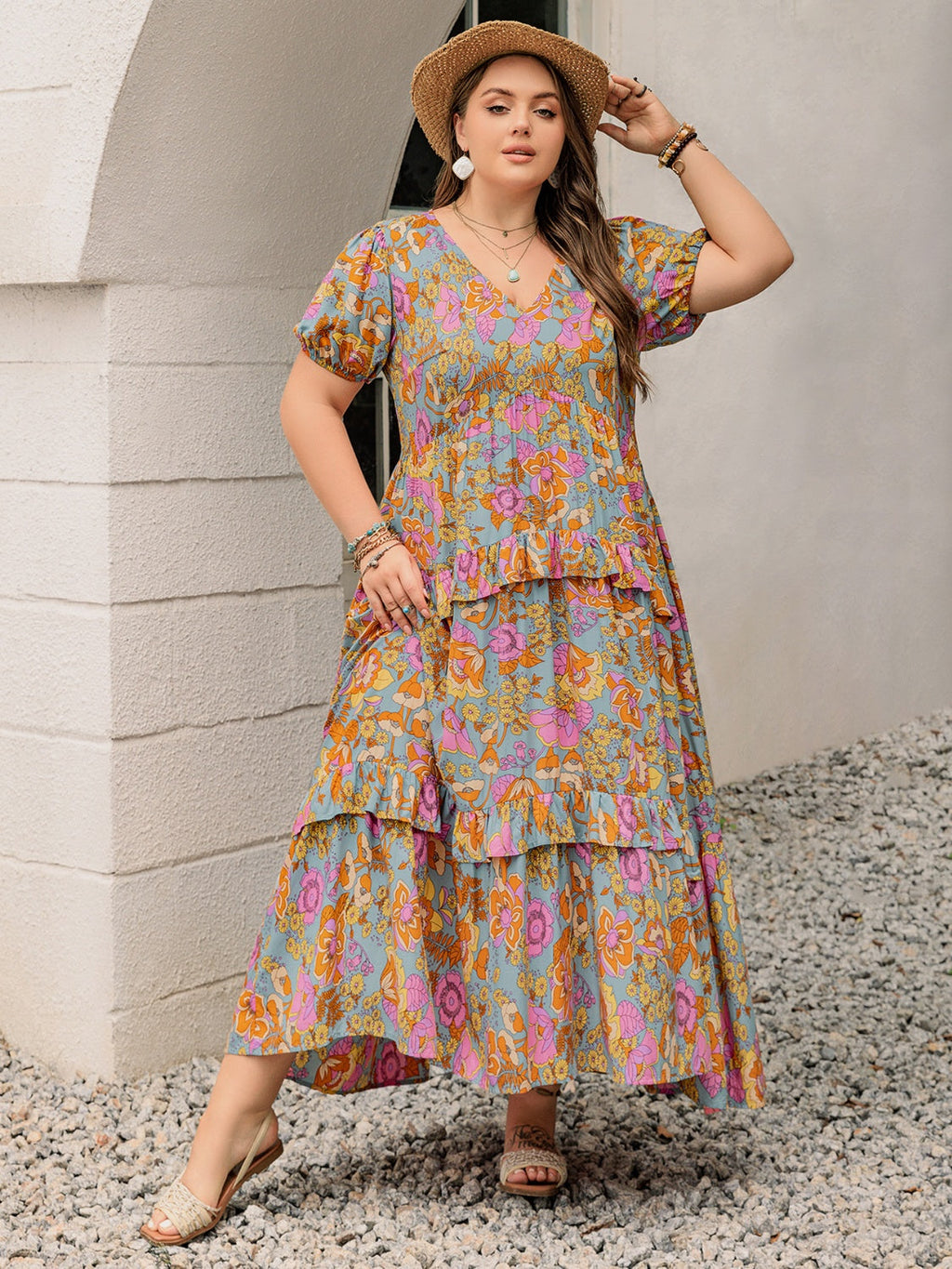Plus Size Printed V-Neck Short Sleeve Maxi Dress Elegant & Flowy Summer Dress For Girls
