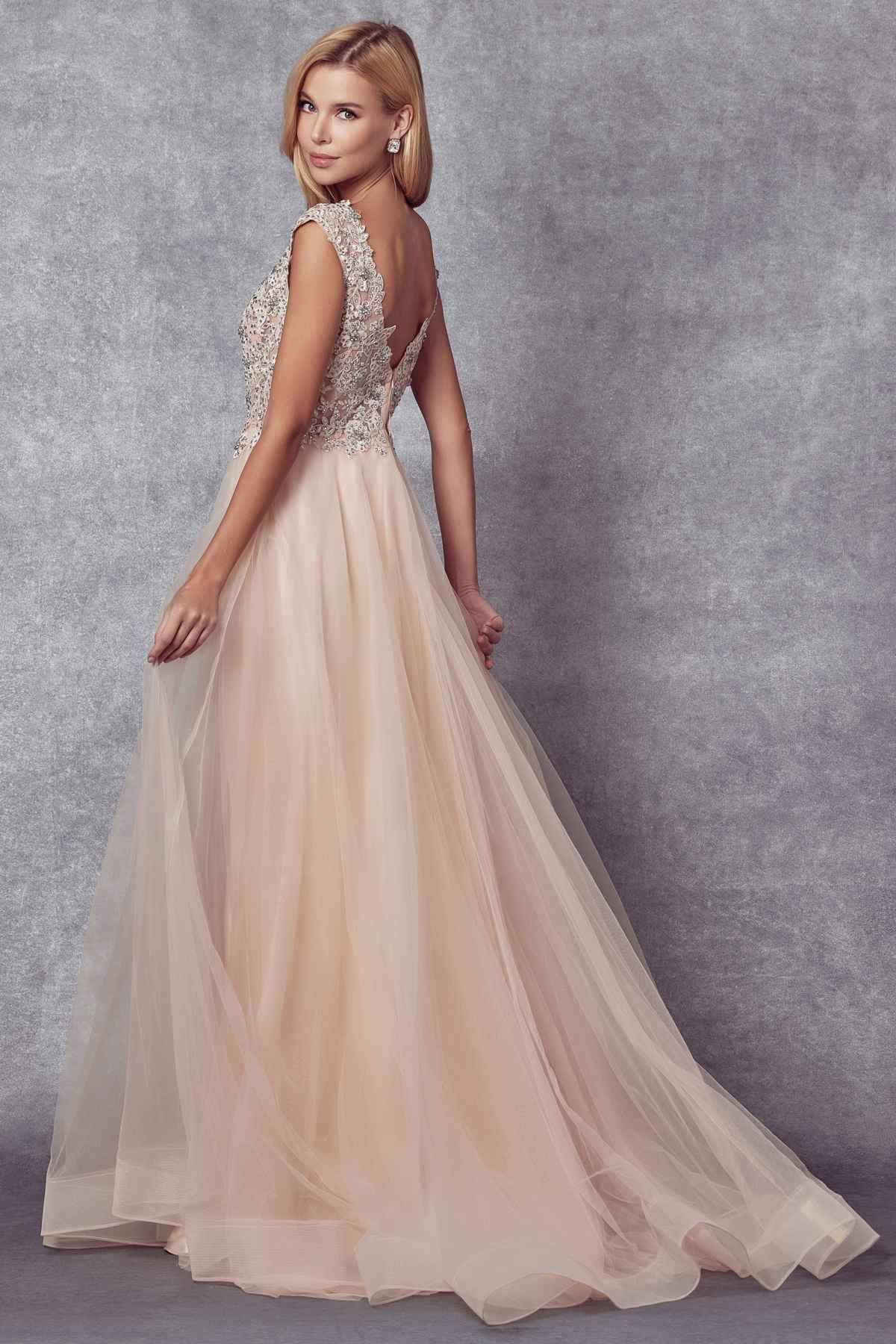 Juliet 684 Cap Sleeved Long Formal Dress with Appliques
