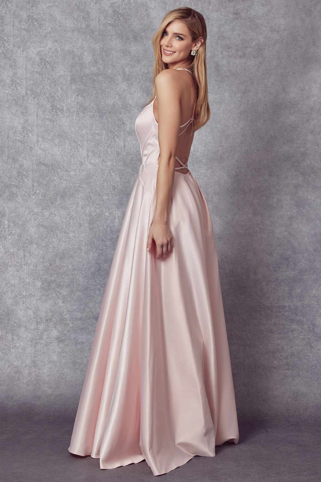 Juliet 687 Long Shiny Satin A-line Prom Gown with Pockets