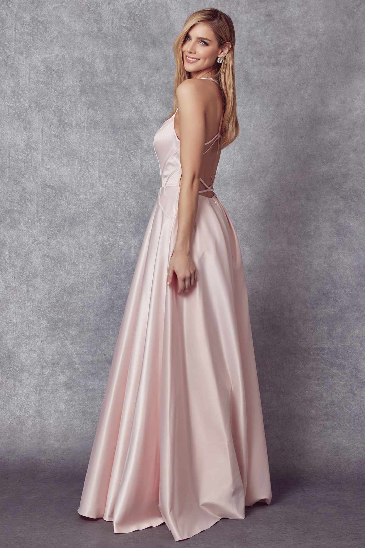 Juliet 687 Long Shiny Satin A-line Prom Gown with Pockets