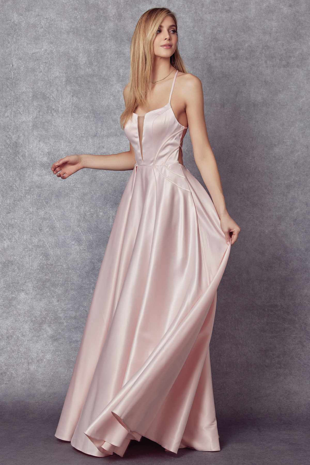 Juliet 687 Long Shiny Satin A-line Prom Gown with Pockets