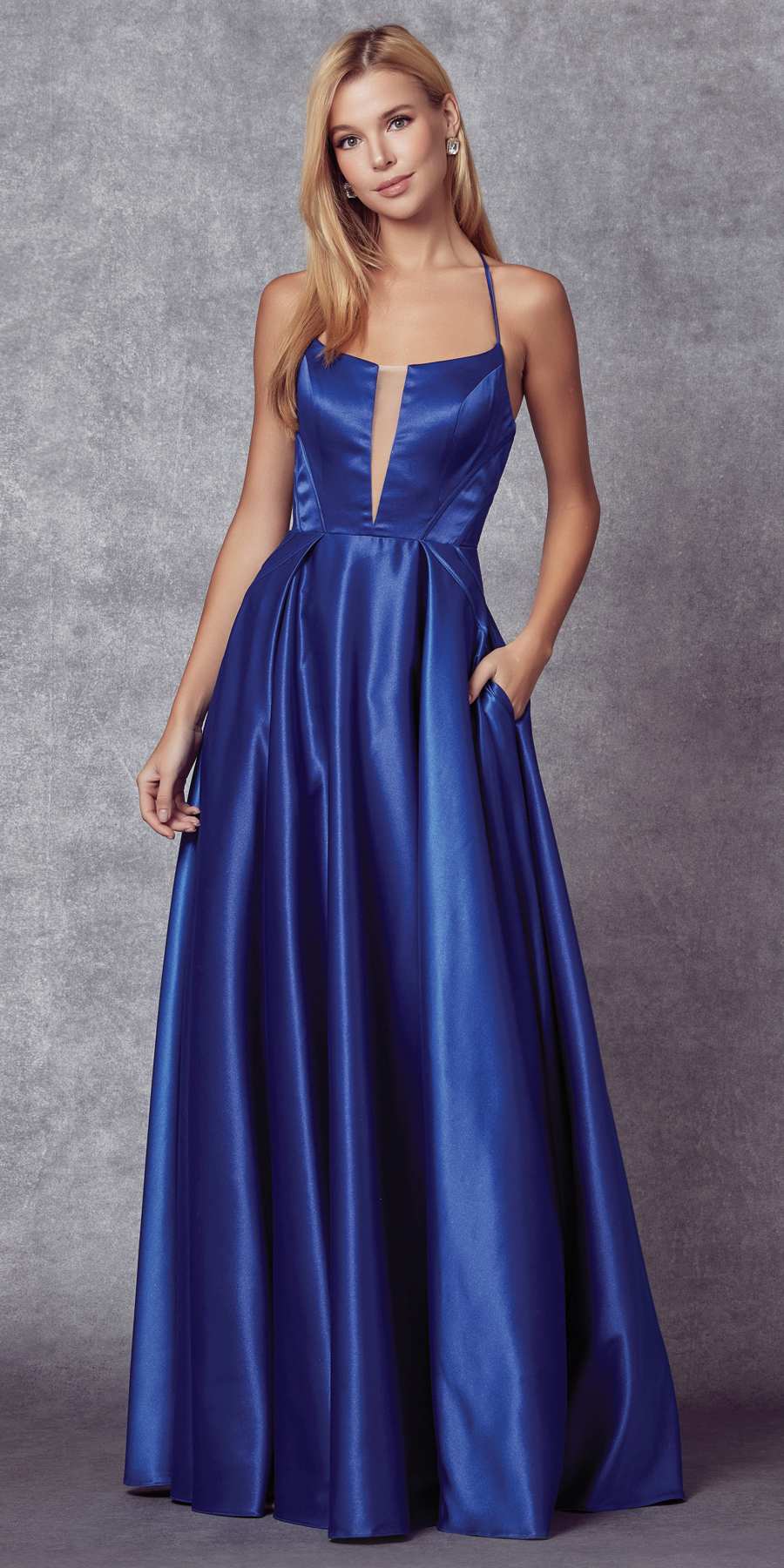 Juliet 687 Long Shiny Satin A-line Prom Gown with Pockets