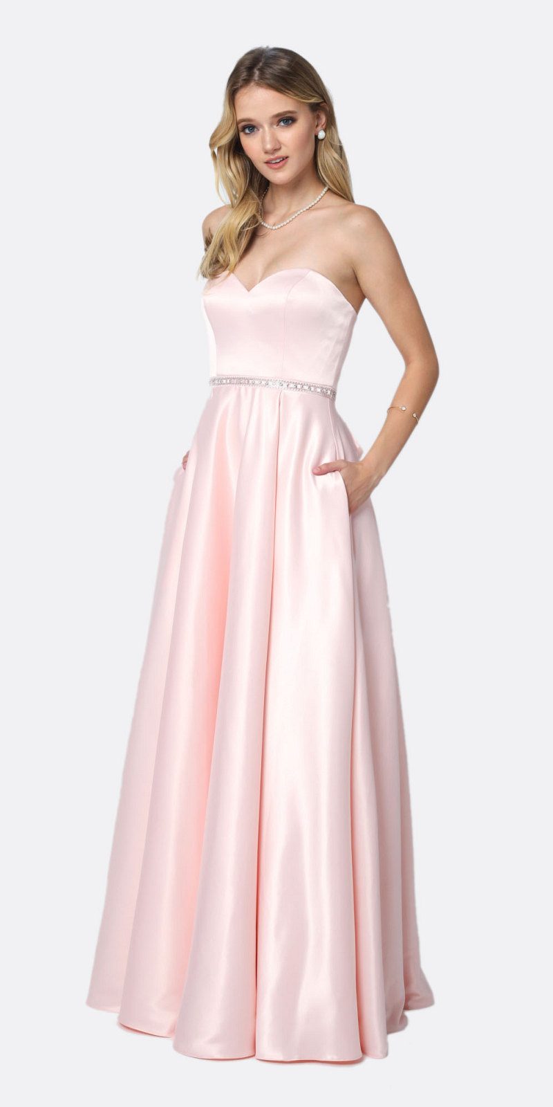 Juliet 688 Floor Length Shiny Satin A-Line Gown Beaded Belt with Pockets