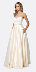 Juliet 688 Floor Length Shiny Satin A-Line Gown Beaded Belt with Pockets