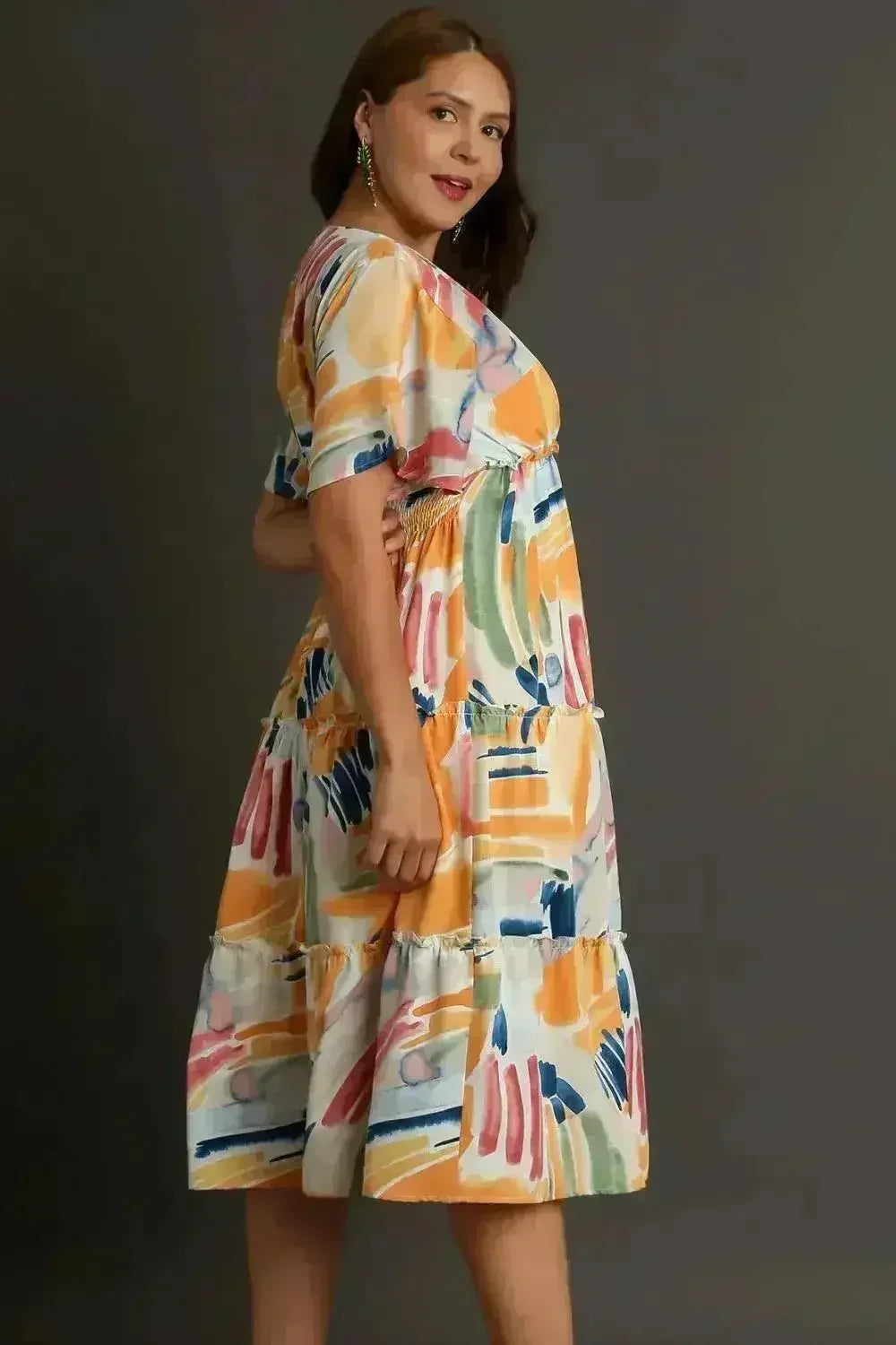 Umgee Abstract Print Midi Dress – Flutter Sleeves & Tiered Frill Detail
