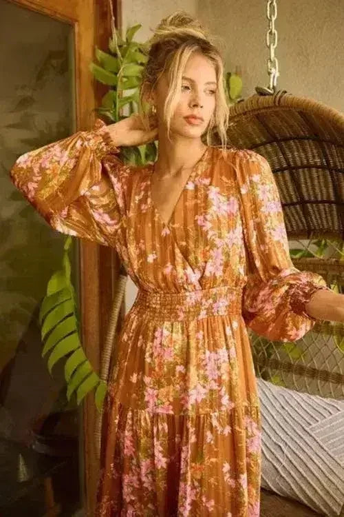 Mittoshop Flower Print Satin Lurex Stripe Smocked Midi Dress