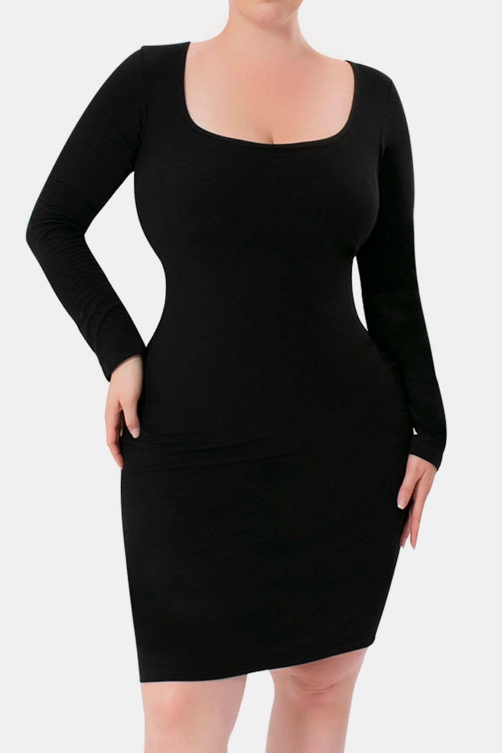 Elegant Black Full Size Built-In Shapewear Square Neck Long Sleeve Dress Sculpting Fit Dress for Women