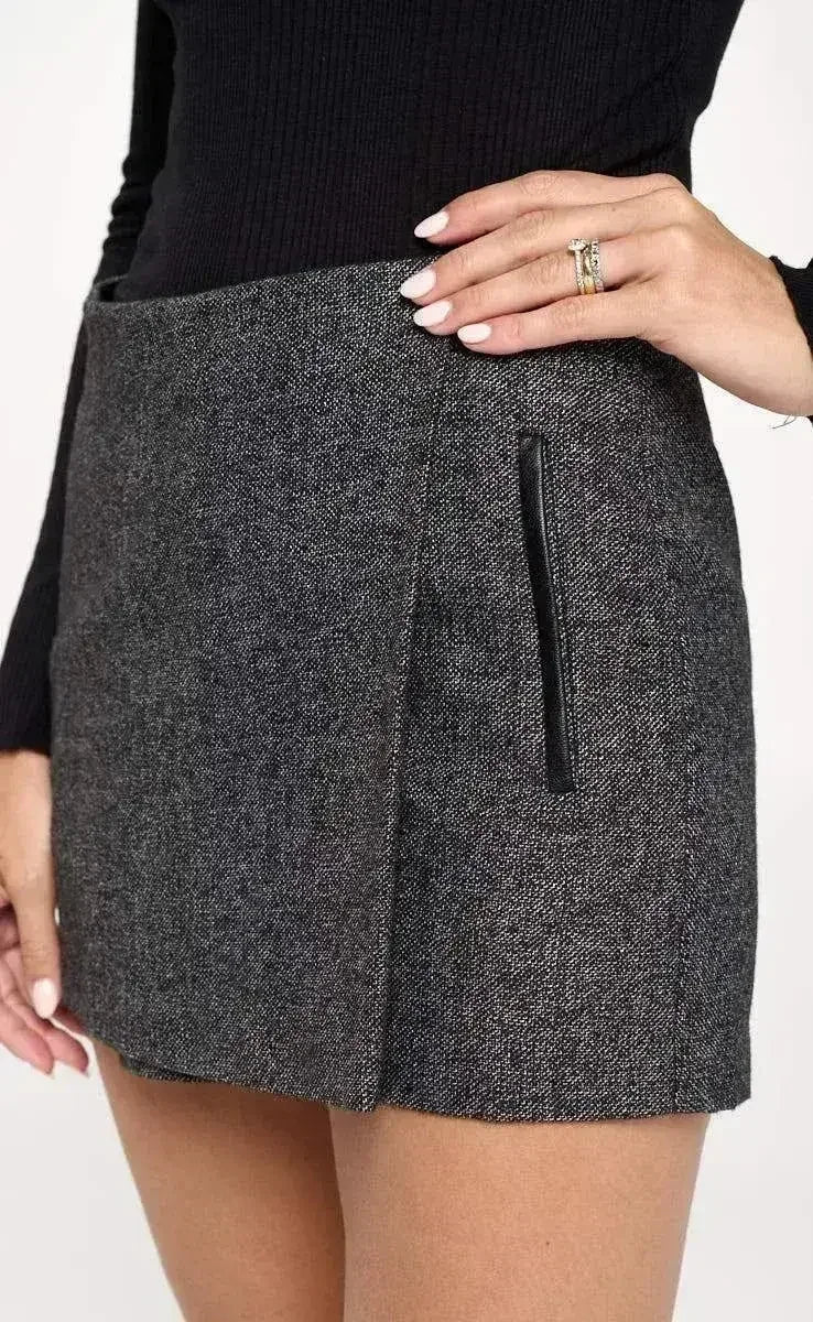 Faux Leather Trim Wrap Mini Skirt - Asymmetrical Style | Femstylo