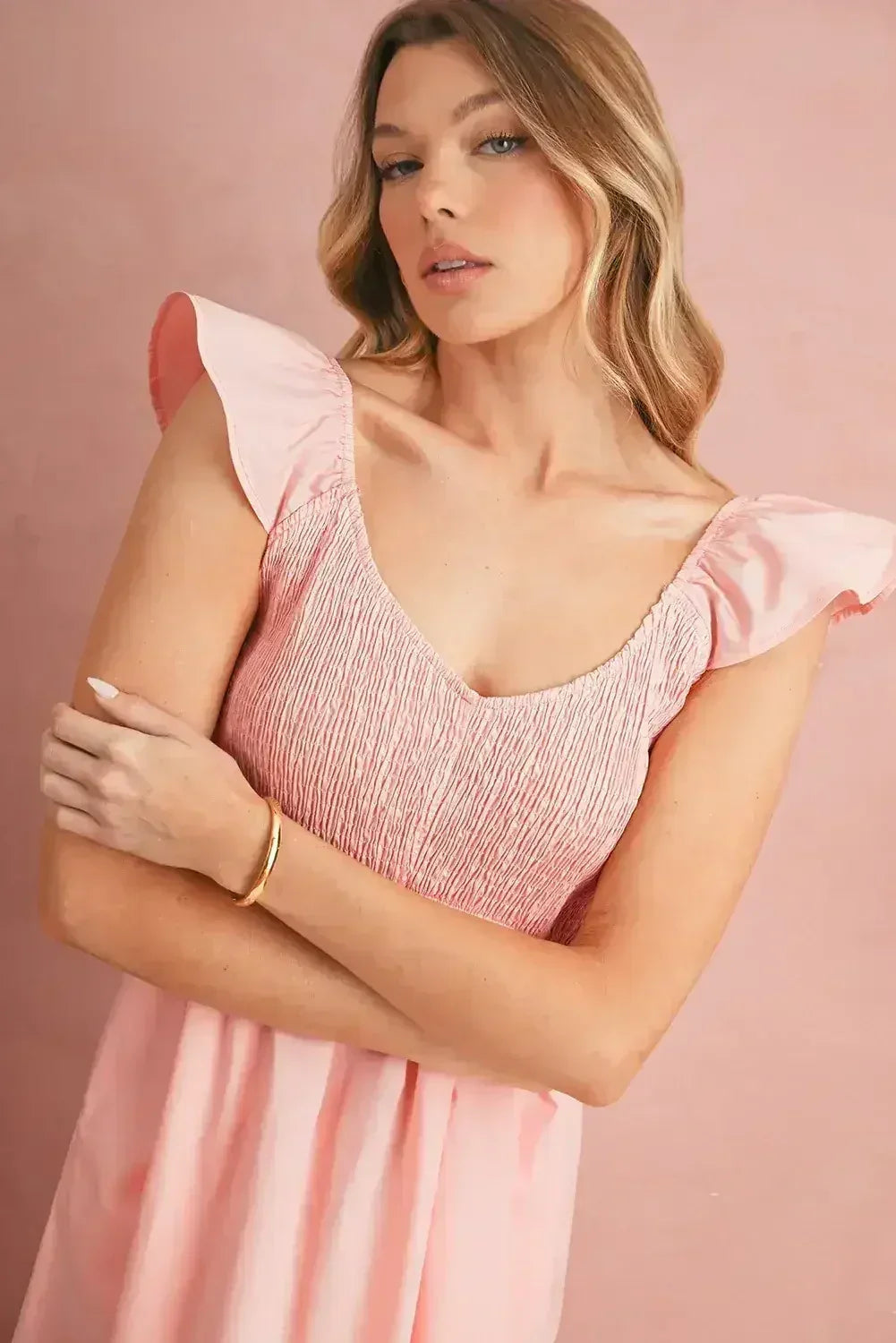 Black V Neck Flutter Sleeve Smocked Bodice High Waist Ruffle Maxi Dress