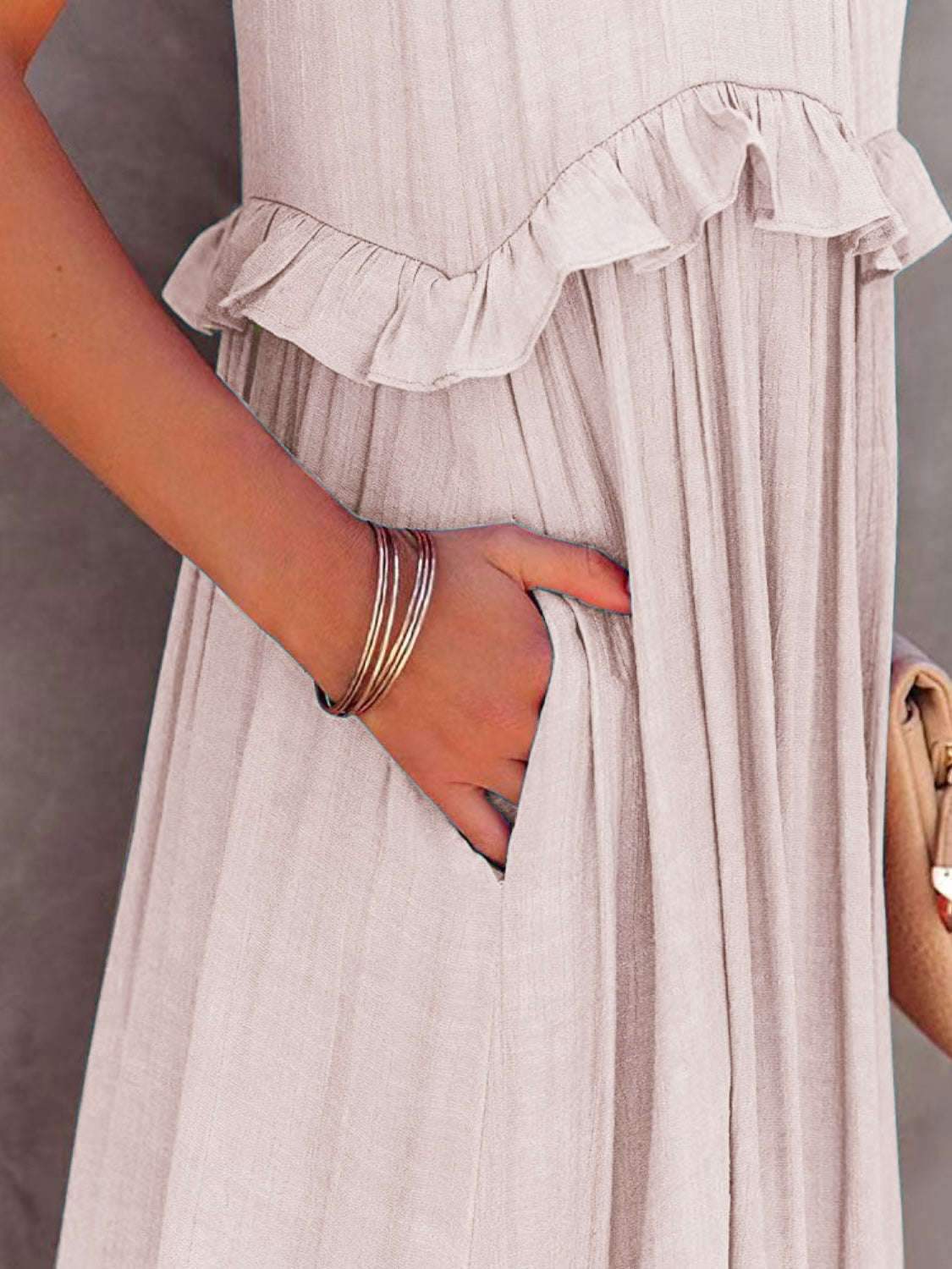 Romantic Ruffled Sleeveless Tiered Maxi Dress with Pockets Elegant & Chic Statement Beautiful Design Dress