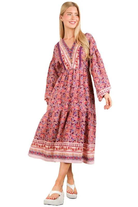 Floral Printed Boho V-Neck Balloon Sleeve Dress For Summer – Boho V-Neck Dress, Balloon Sleeve Dress, Floral Printed Dress, Feminine Boho Dress, Chic Summer Dress