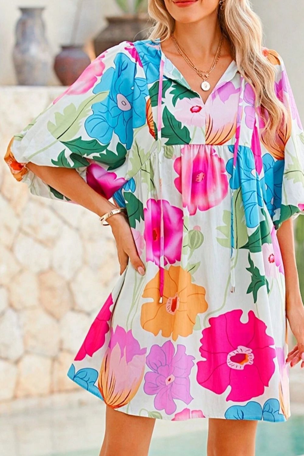 Modern Floral Print Tie Neck Dress Elegant & Timeless Colorful Dress
