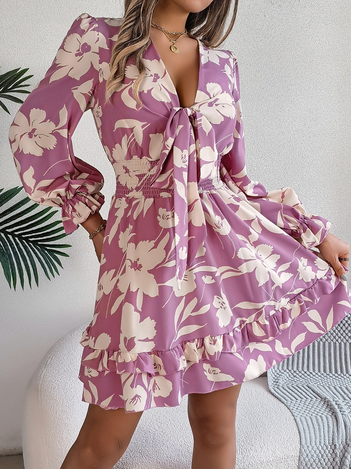 Feminine Lilac Ruffled Printed Long Sleeve Dress Summer Cute Midi Dress