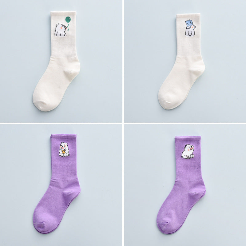 4Pair Spring And Summer Combed Out Of Pure Cotton Socks Mid Waist Fashion Bear Socks Cute Animal Socks Kawaii Cute Cartoon Purple College Socks For Men And Women