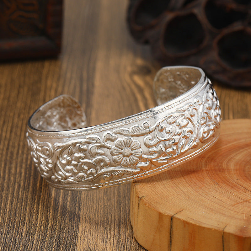 Big Elegant Luxury Amazing Classic Fashion Flower Metal Tibetan Indian Silver Vintage Retro Fashion Cuff Bracelet Bangle For Woman With Details of Animals