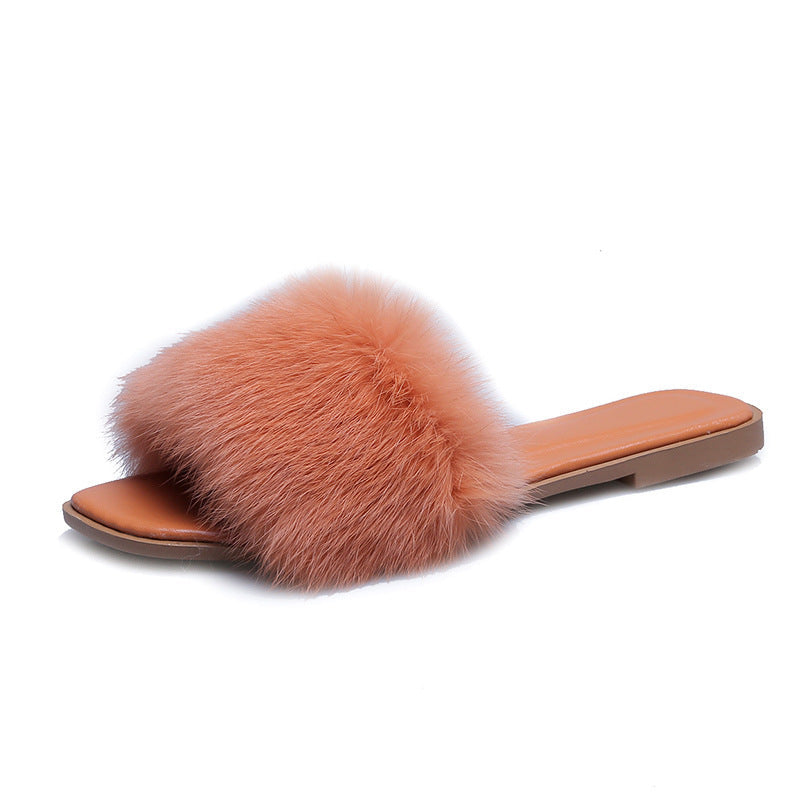 Fashion Fur Flat Women's Slippers Plus Size Spring Summer Fluffy Fur Slippers Shoes Woman Plush Fur Slip On Flip Flop Flat Furry Fur Slides Outdoor Sandals Furry Slides Summer Sandals Open Toe Indoor Outdoor Fluffy Slides