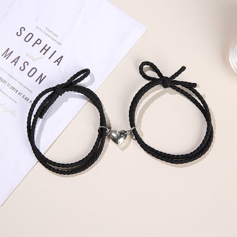 2PCS Magnetic Bracelet Stainless Steel Love Heart Charm Couple Bracelets For Friend Braid Rope Bracelets Magnet Adjustable Rope Matching Bracelet Love Bracelet Couples 2 Pieces Relationship Magnetic Bracelet