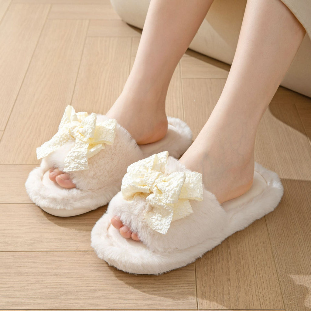 Cotton Slippers Women Autumn And Winter Home Plush Wind Bow Soft Bottom Indoor Outdoor Wear Slippers Fluffy Memory Foam Fur Furry Womens Slippers Cozy Warm Fur Bedroom Slippers