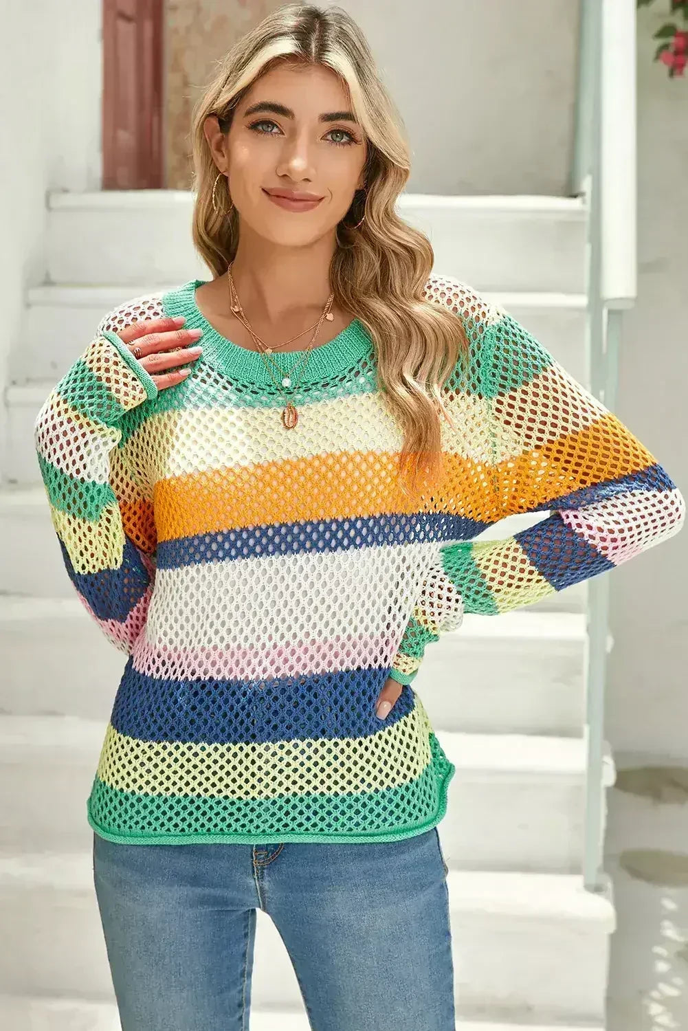 Green Colorblock Striped Hollow Knitted Top