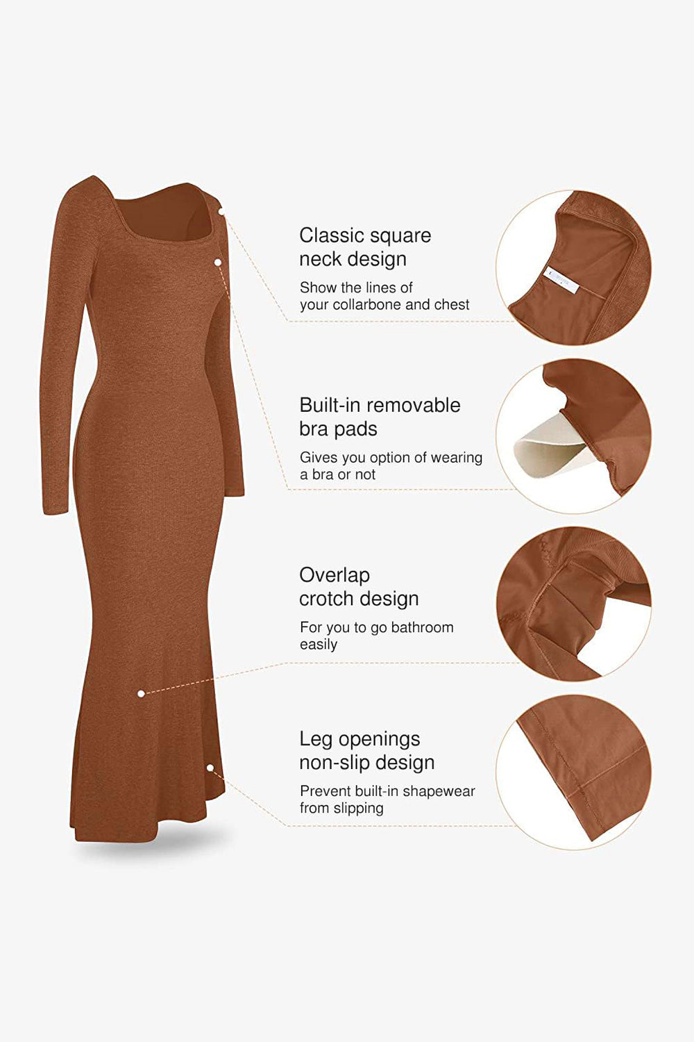 Caramel Built-In Shapewear Dress Square Neck Long Sleeve Maxi Dress Elegant Shapewear Dress For Women