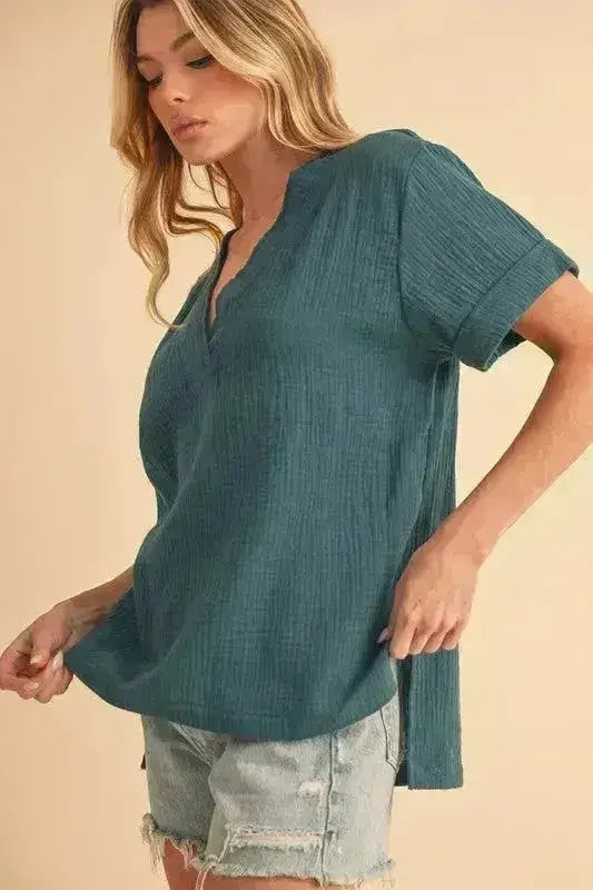 Side Slit V-Neck Blouse - Chic 100% Cotton Top | Femstylo