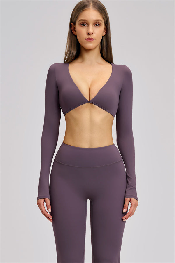 The Zestful Long Sleeve Crop Top Flared Leggings 2-Piece Set