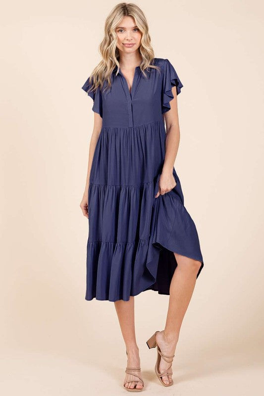 Ruffle Sleeve Collared V Neck Tiered Midi Dress For Women – Fluttering, Feminine and Polished Midi Dress with Layered Details For Any Occasion