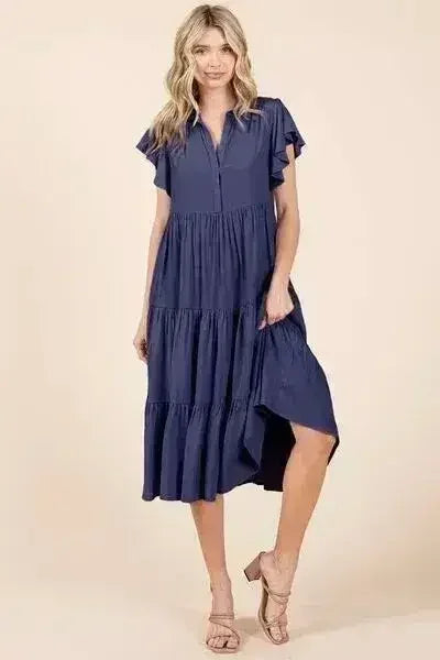 Ruffle Sleeve Tiered Midi Dress - Feminine & Elegant | Femstylo