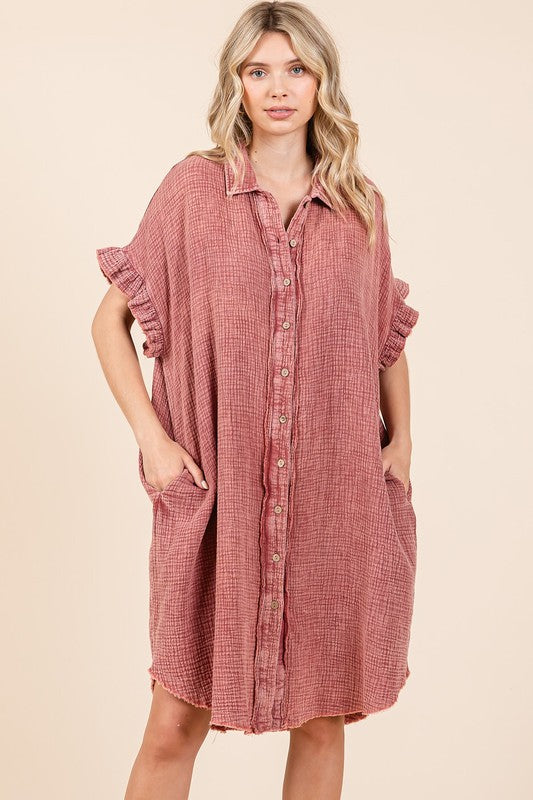 Mineral Wash Cotton Gauze Mini Shirt Dress For Women – Effortlessly Chic and Tredny Dress with Ruffle Sleeve Details