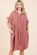 Mineral Wash Cotton Gauze Mini Shirt Dress For Women – Effortlessly Chic and Tredny Dress with Ruffle Sleeve Details