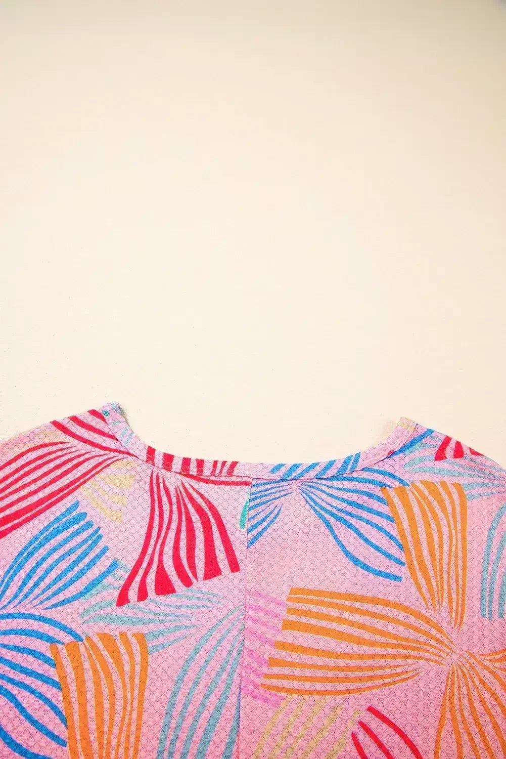 Sky Blue Bowknot Print Waffle Loose Tee