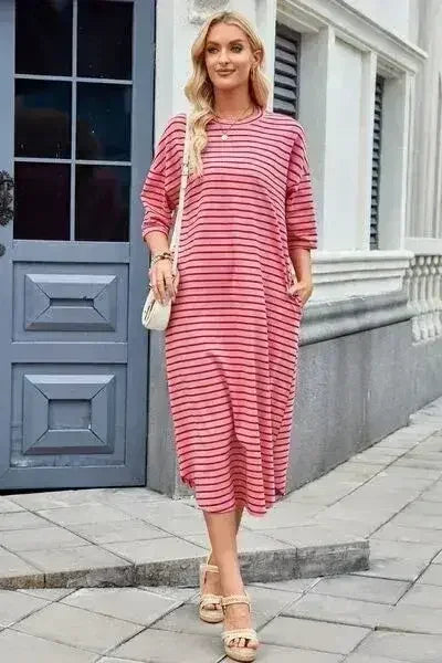 Lovelet Contrast Striped Half Sleeve Midi Tee Dress