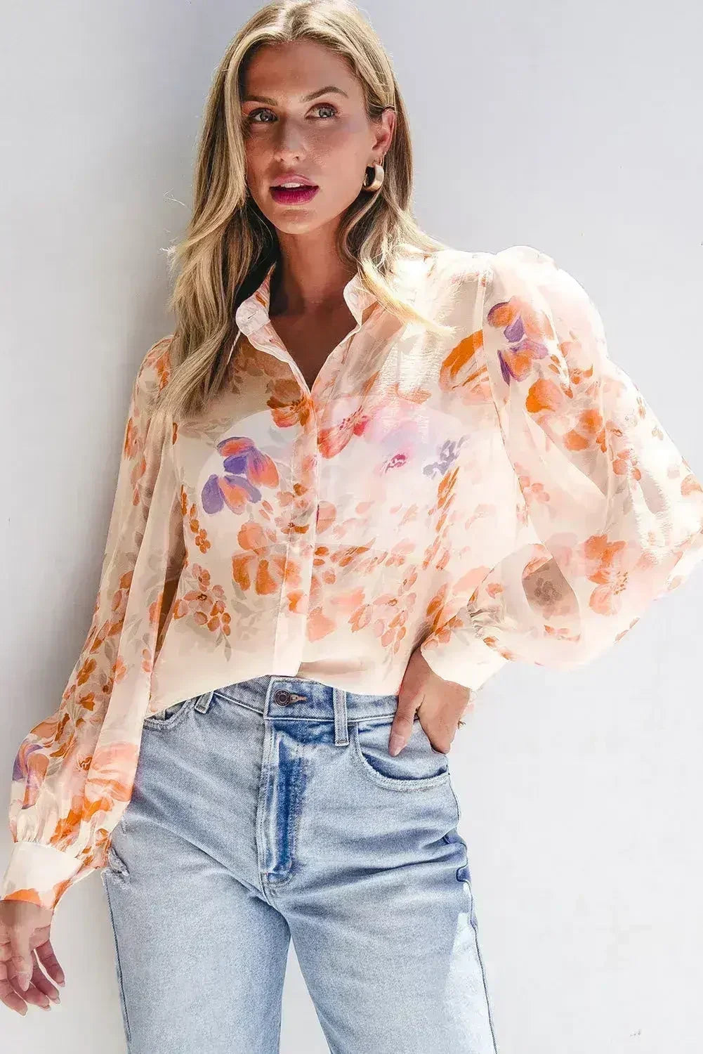 White Balloon Sleeve Floral Shirt - Loose Fit Blouse | Femstylo