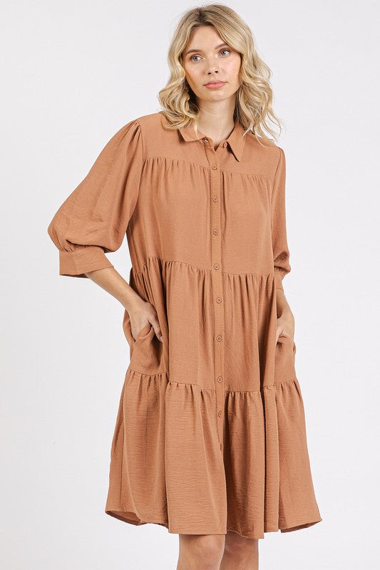 Button Detail Collared Neck Tiered Shirt Dress – Sophisticated and Versatile Dress with Classic Button Details and Flattering Tiered Silhouette