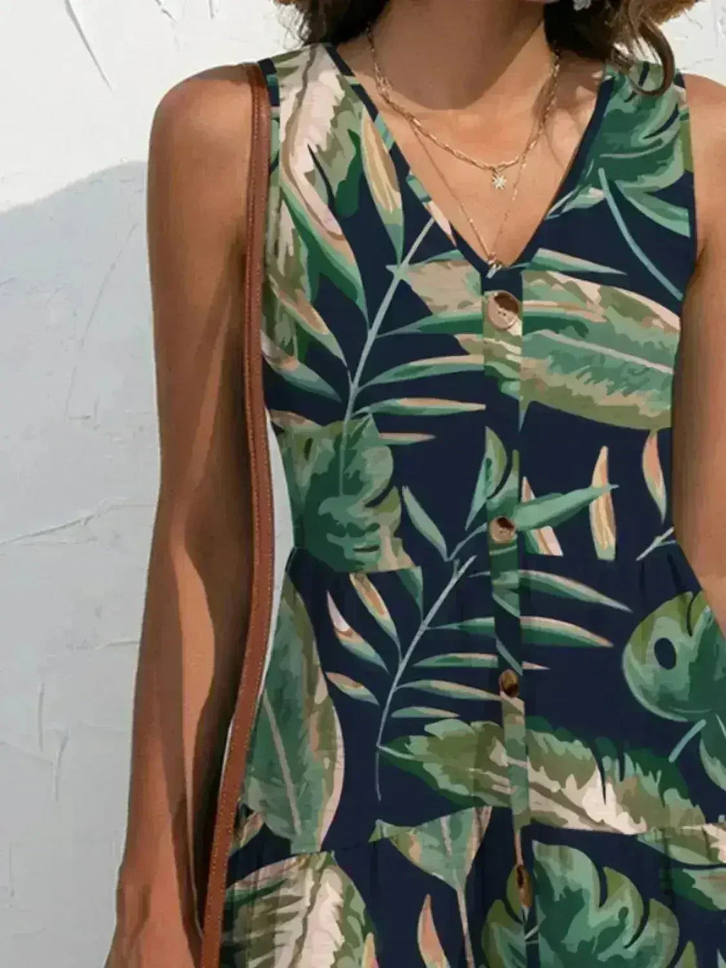 Printed V-Neck Mini Dress – Sleeveless & Button Detail