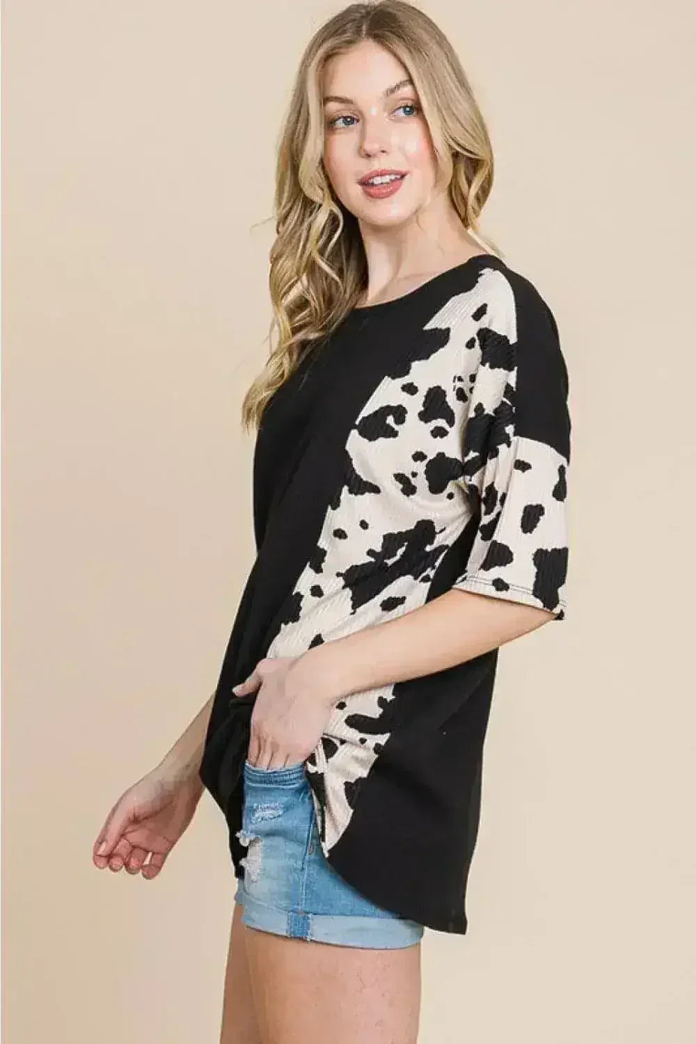 Animal Contrast Ribbed Tee - Edgy Women's Top | Femstylo