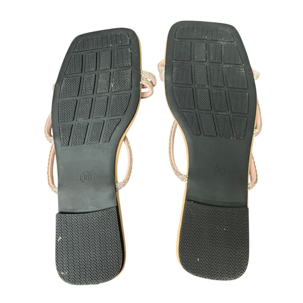 Gorglitter Womens 7.5 Tan Pink Rhinestone Open Toe Slide On Flat Sandal Shoes