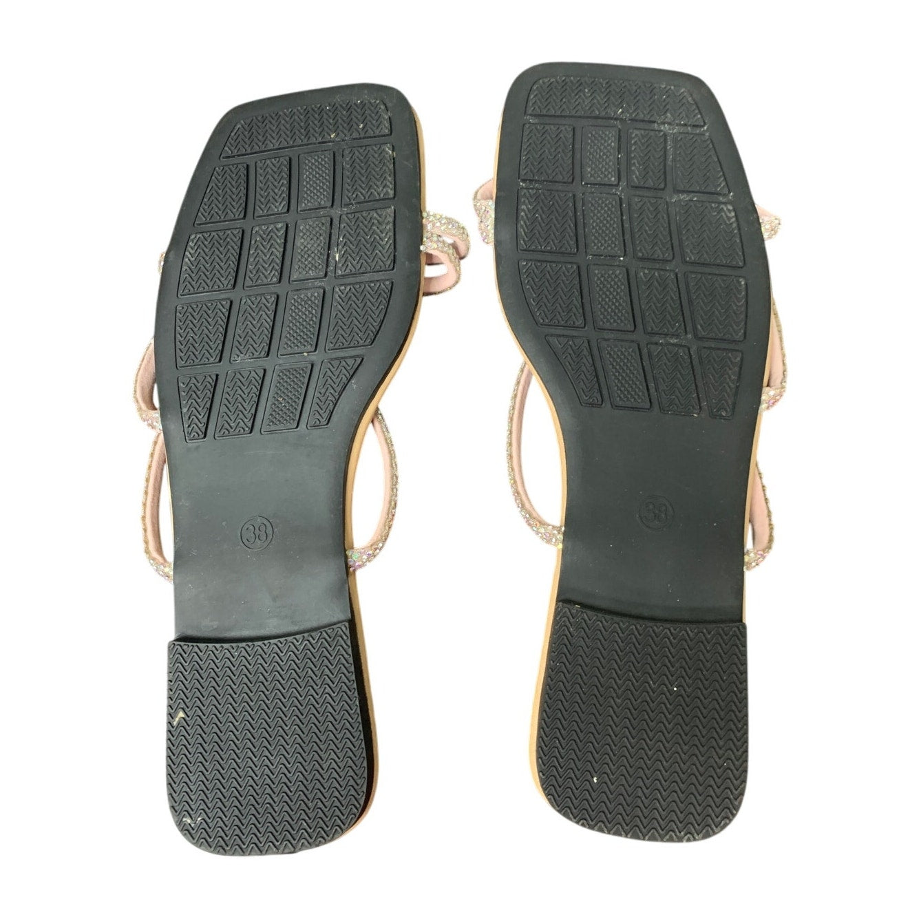 Gorglitter Womens 7.5 Tan Pink Rhinestone Open Toe Slide On Flat Sandal Shoes
