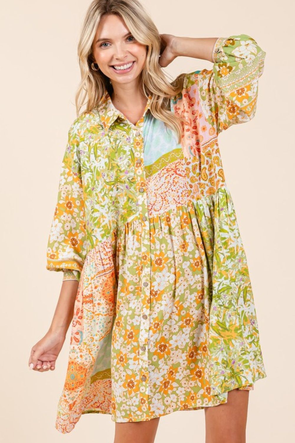 New Summer Floral Button Detail Long Sleeve Shirt Dress For Women – Elegant, Trendy, Fluttering, Feminine & Timeless Chic